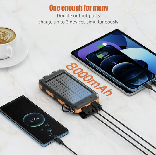 Solar Charger, 8000mAh Portable Solar Power For All Mobile Phones, Waterproof Battery Pack