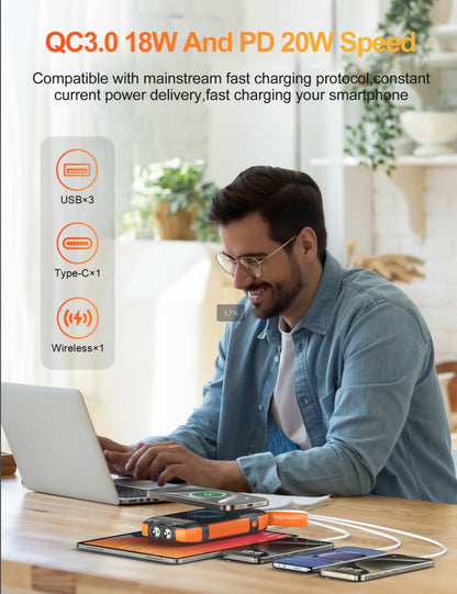 New Product Large Capacity 20000mAh 3 USB C Flashlight Ip67 Waterproof High-speed Wireless Charger Solar Power Bank