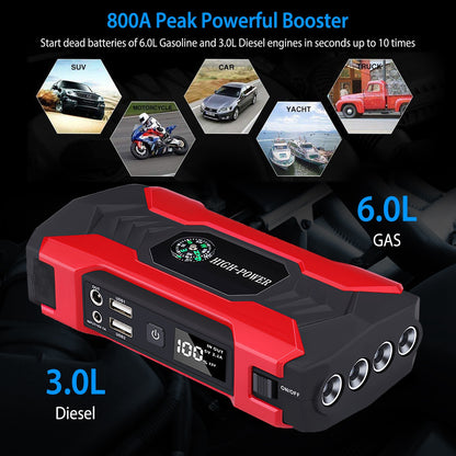Car Jump Starter Booster 800A Peak 28000mAh 12V Battery Charger Up To 6.0L Gas Or 3.0L Diesel Engine With LCD Screen 4 Modes LED Flashlight