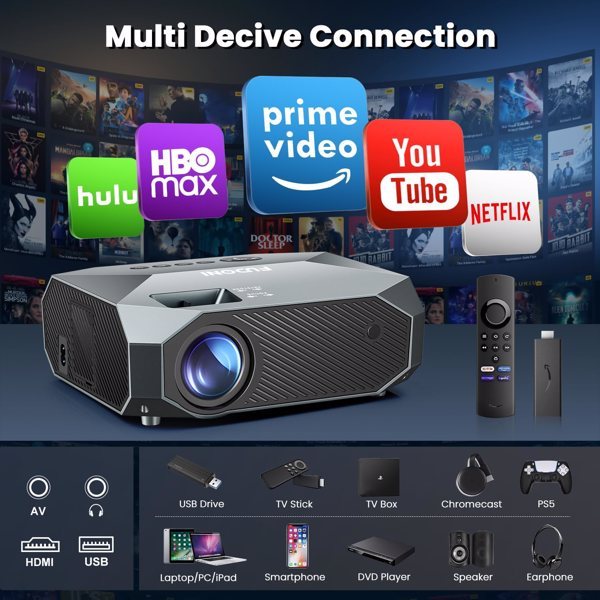 Projector With 5G WiFi And Bluetooth, Native 1080P, Supports 4K, Suitable For Mobile Phones,PCs,TV Sticks,PS5