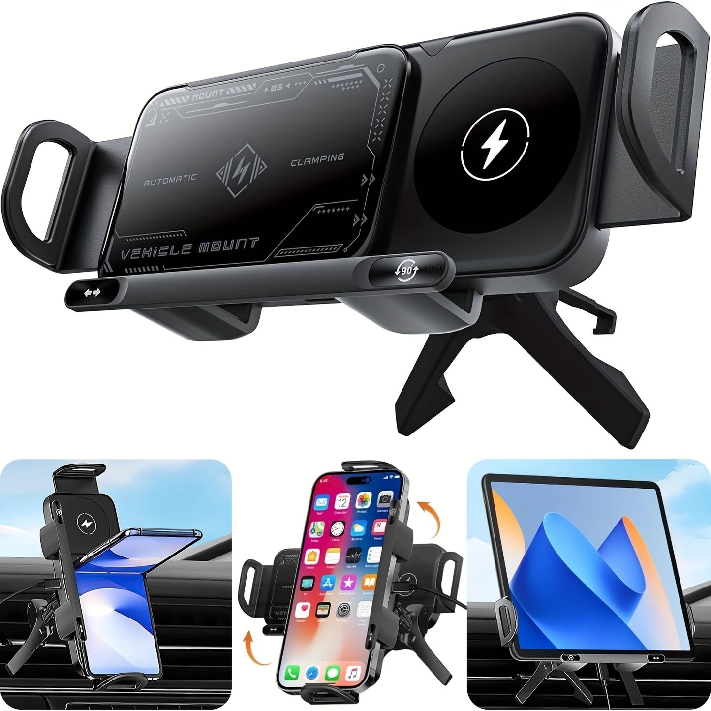 Car Universal Mobile Phone Holder 15W Wireless Fast Charging 2 In 1 Automatic Rotating Magnetic