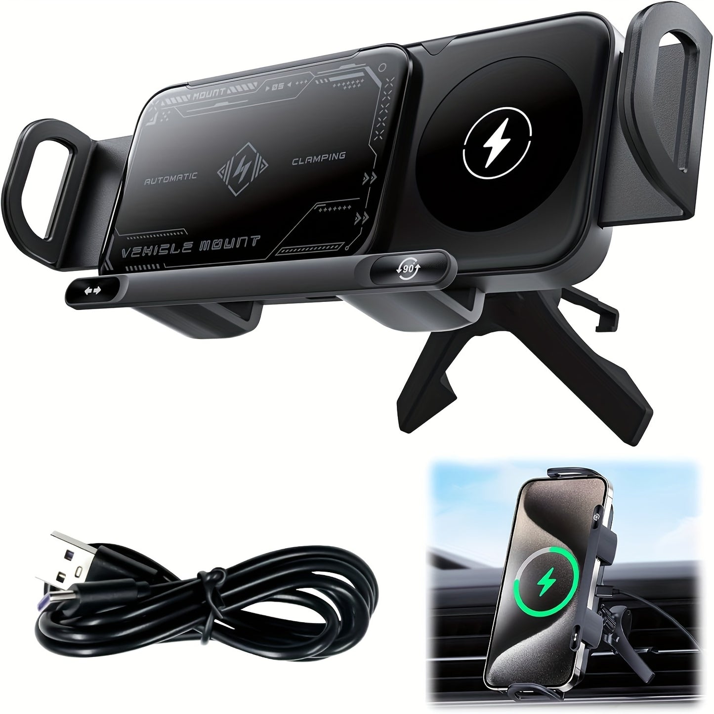 Car Universal Mobile Phone Holder 15W Wireless Fast Charging 2 In 1 Automatic Rotating Magnetic