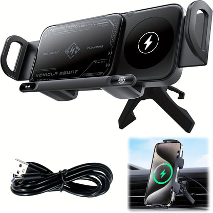 Car Universal Mobile Phone Holder 15W Wireless Fast Charging 2 In 1 Automatic Rotating Magnetic