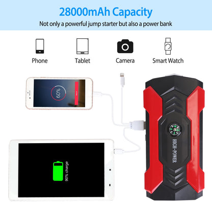 Car Jump Starter Booster 800A Peak 28000mAh 12V Battery Charger Up To 6.0L Gas Or 3.0L Diesel Engine With LCD Screen 4 Modes LED Flashlight