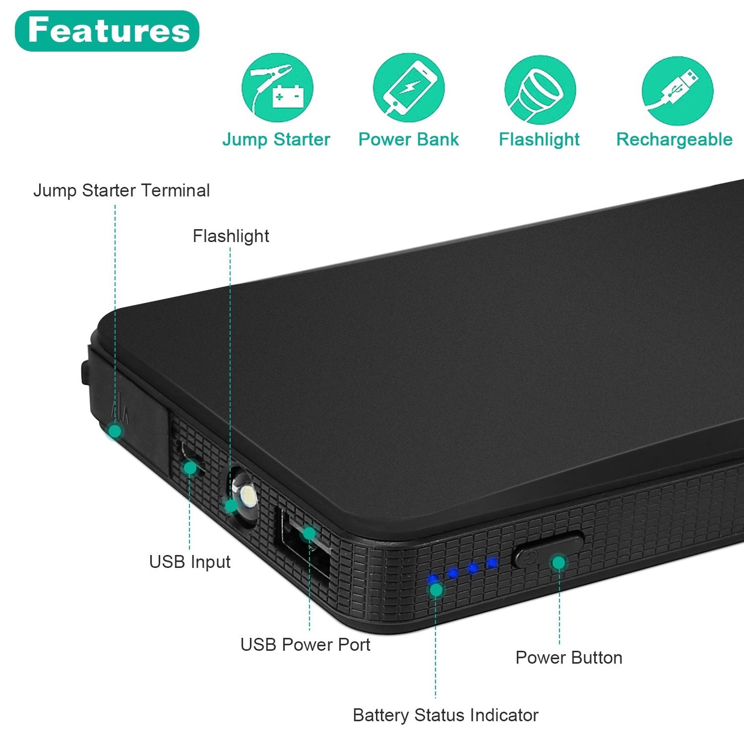 12V Car Jumper Starter 400A Peak 20000mAh Battery Charger Power Bank Portable Power Booster Battery With 3 Flashlight Modes