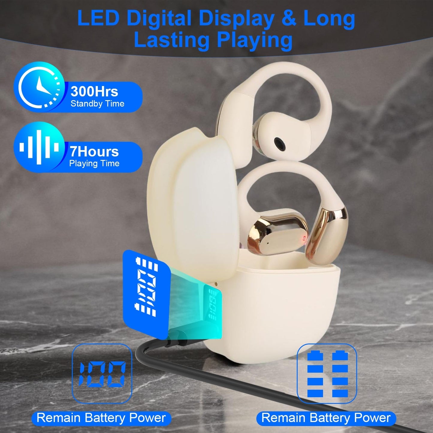 1 Set Wireless V5.4 Open Ear Earbuds With Earhook LED Display Charging Case IPX5 Waterproof 300Hrs