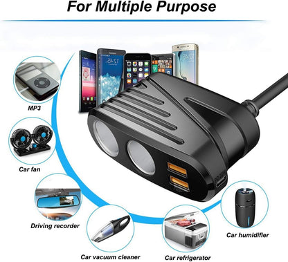 Car Charger 120W 2-Way Cigarette Lighter Splitter 12V Power Adapter Socket Extension With Dual USB