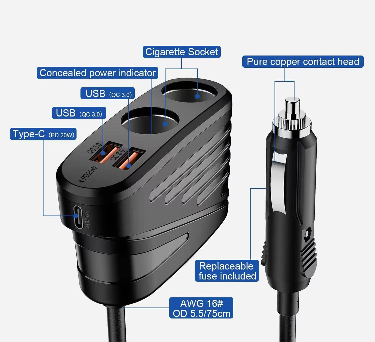 Car Charger 120W 2-Way Cigarette Lighter Splitter 12V Power Adapter Socket Extension With Dual USB