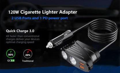 Car Charger 120W 2-Way Cigarette Lighter Splitter 12V Power Adapter Socket Extension With Dual USB
