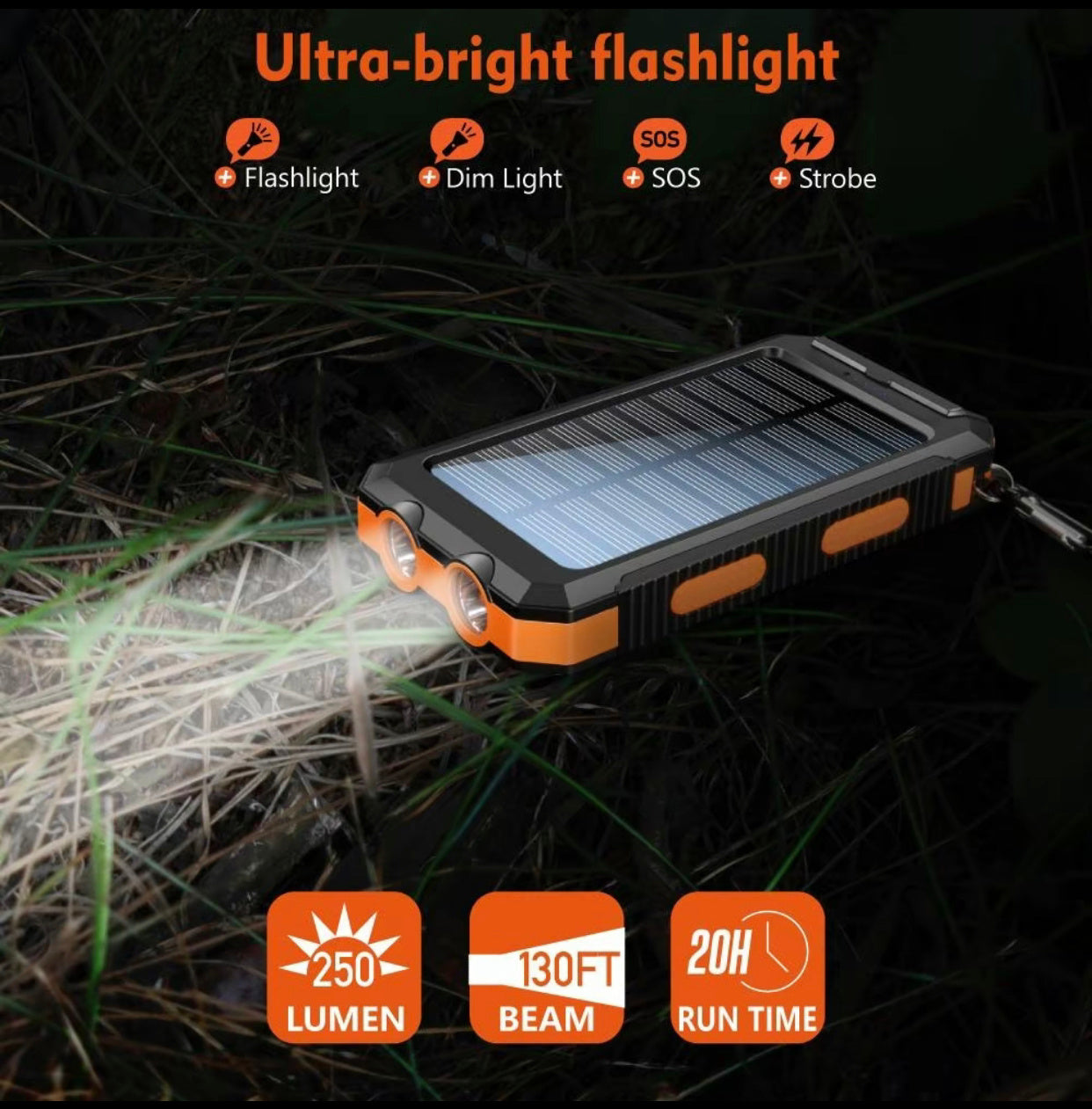 Solar Charger, 8000mAh Portable Solar Power For All Mobile Phones, Waterproof Battery Pack