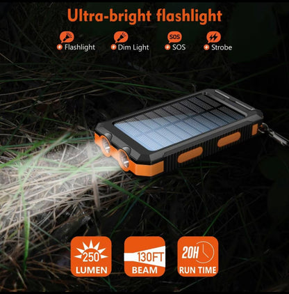 Solar Charger, 8000mAh Portable Solar Power For All Mobile Phones, Waterproof Battery Pack
