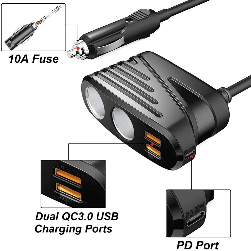 Car Charger 120W 2-Way Cigarette Lighter Splitter 12V Power Adapter Socket Extension With Dual USB