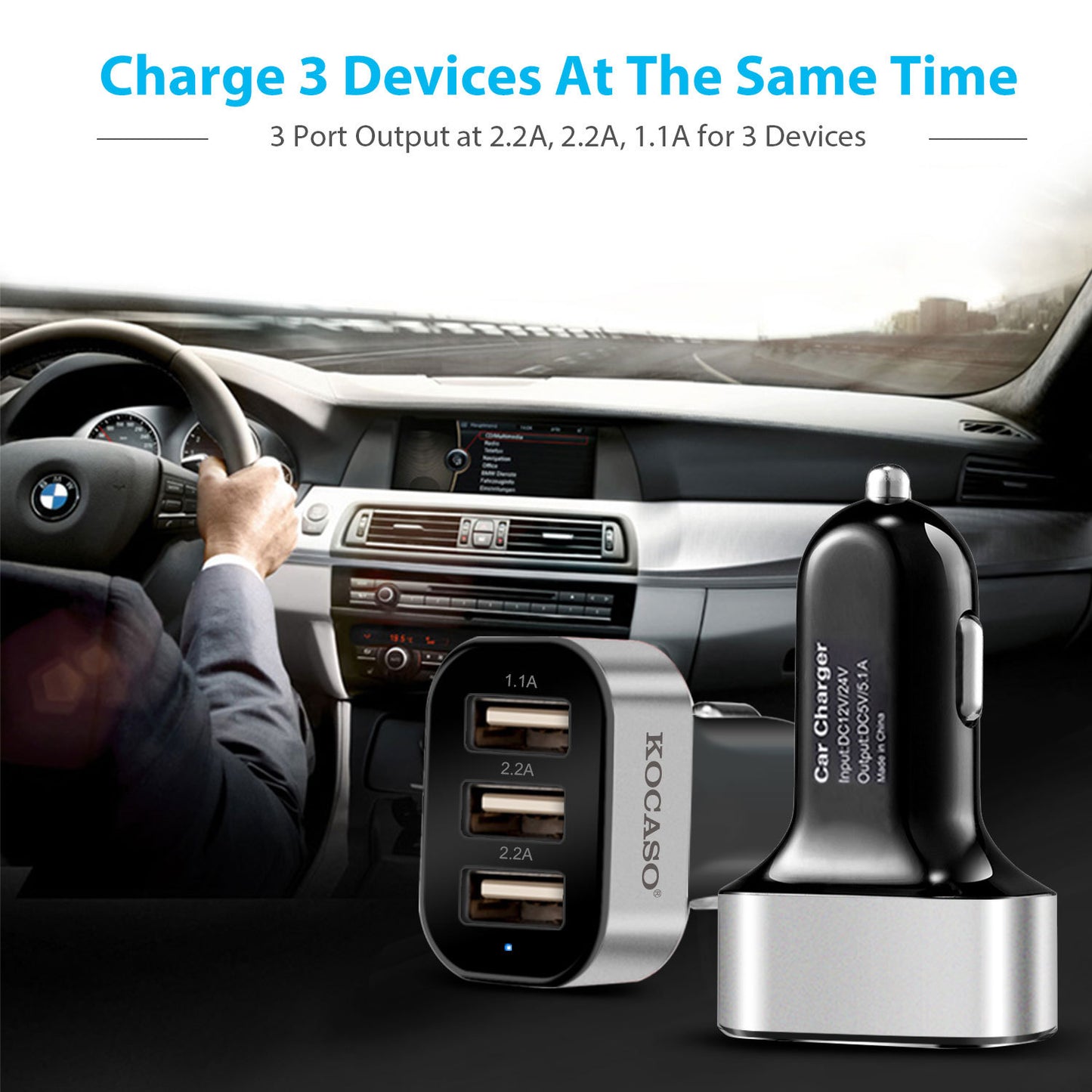 1Pc 3Port USB Car Charger  30W 5.5A For IOS Phone 16 15 14 And More