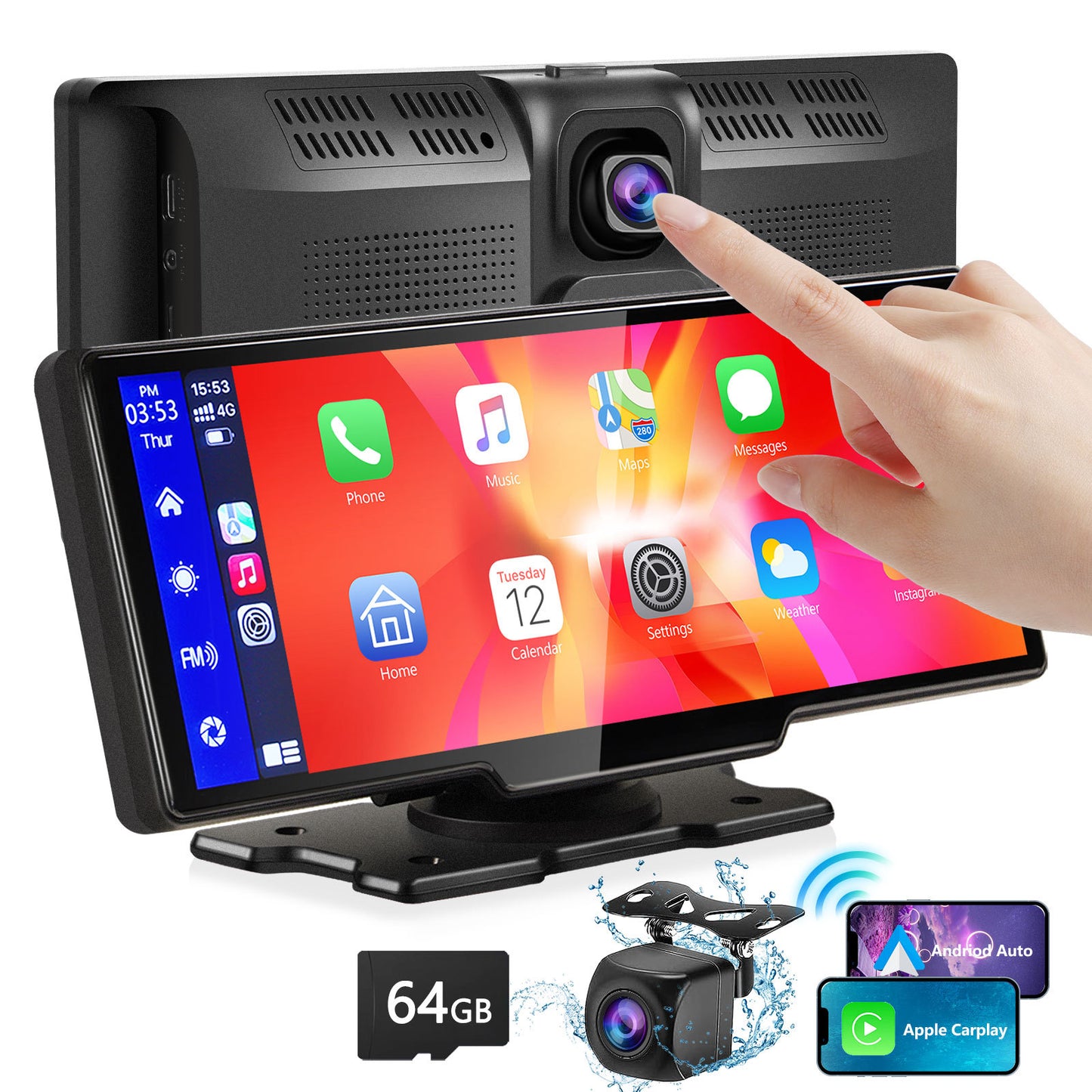 Portable Wireless Car play With 2.5K Camera, 1080P Back Cam 9.3inches Ultra HD Android Auto Car Play Screen For Car DVR Loop Recording