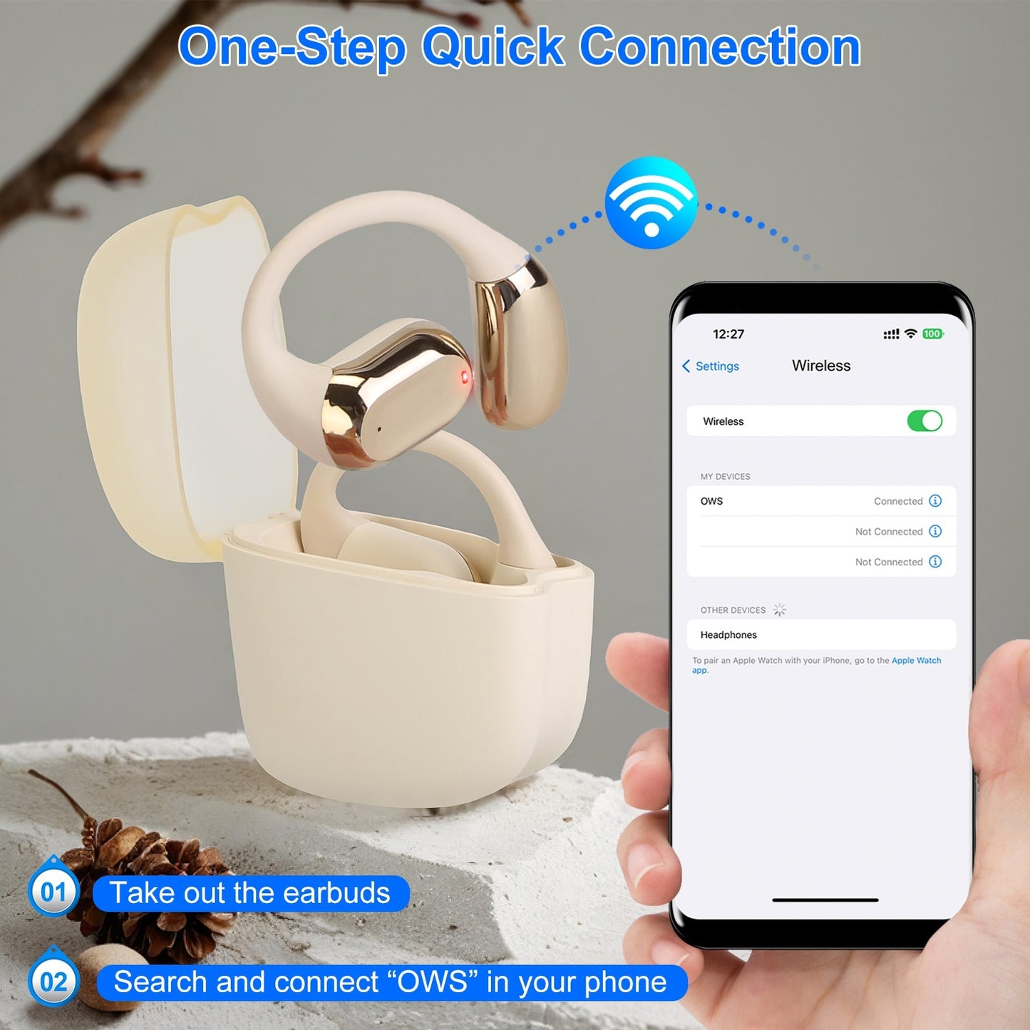 1 Set Wireless V5.4 Open Ear Earbuds With Earhook LED Display Charging Case IPX5 Waterproof 300Hrs