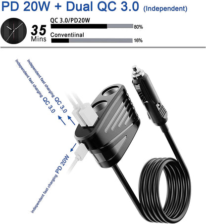 Car Charger 120W 2-Way Cigarette Lighter Splitter 12V Power Adapter Socket Extension With Dual USB