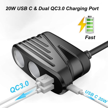 Car Charger 120W 2-Way Cigarette Lighter Splitter 12V Power Adapter Socket Extension With Dual USB