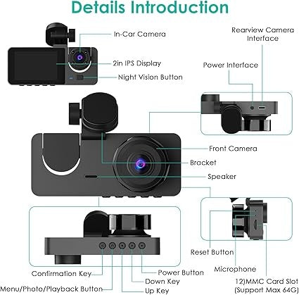 3 Channel Dash Cam, 1080P Dash Cam Front And Rear Inside, Three Way Dash Camera For Cars