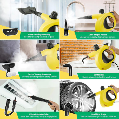 Handheld Multi-Surface Pressurized Steam Cleaner With 12 Accessories, Multi-Purpose Steam Generator For Household Water Tank, Natural Steam Cleaning, Yellow