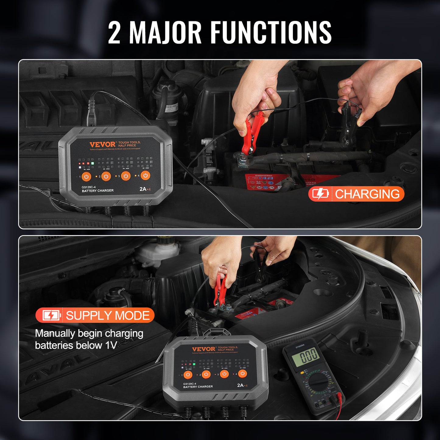 VEVOR Smart Battery Charger, 8-Amp, LiFePO4 Lead-Acid Car Battery Charger, Fully-Automatic Charger