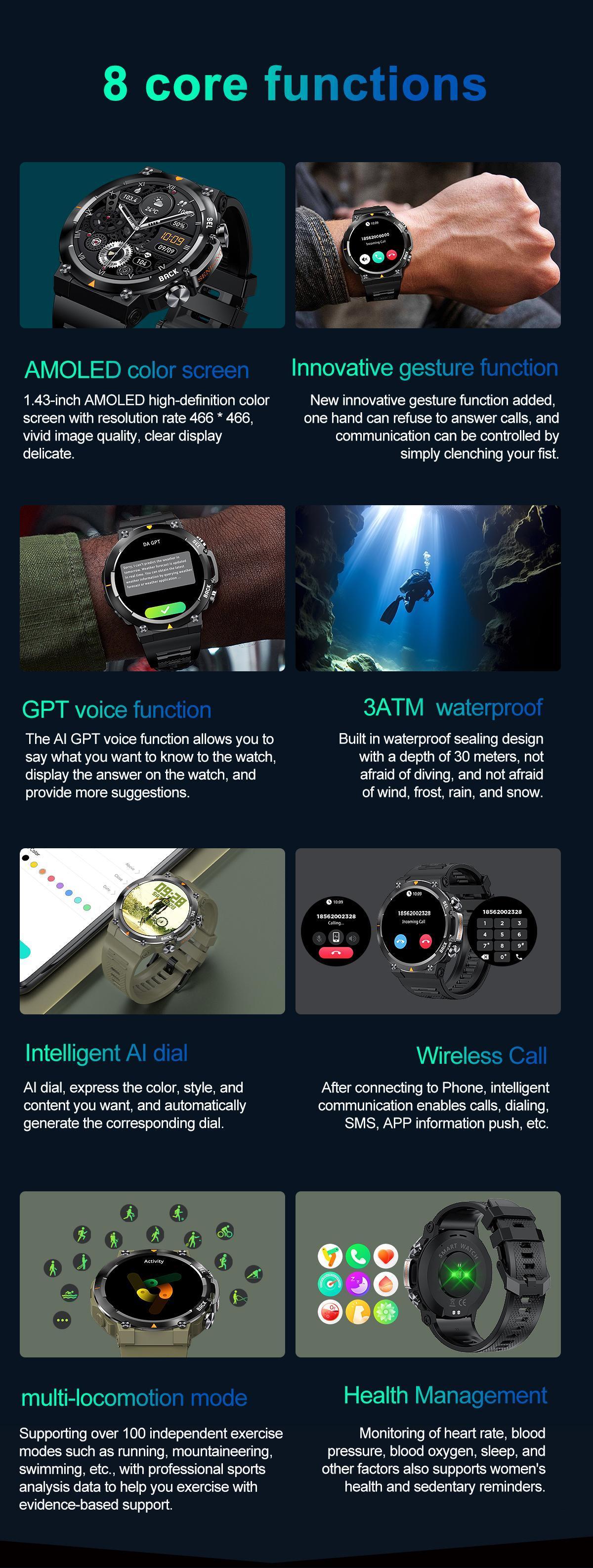 Senbono 2024 MAX18 Men's Arma Oled 1.43-inch HD Large Screen Smart Watch With Gesture Control, AI Voice And Call Function