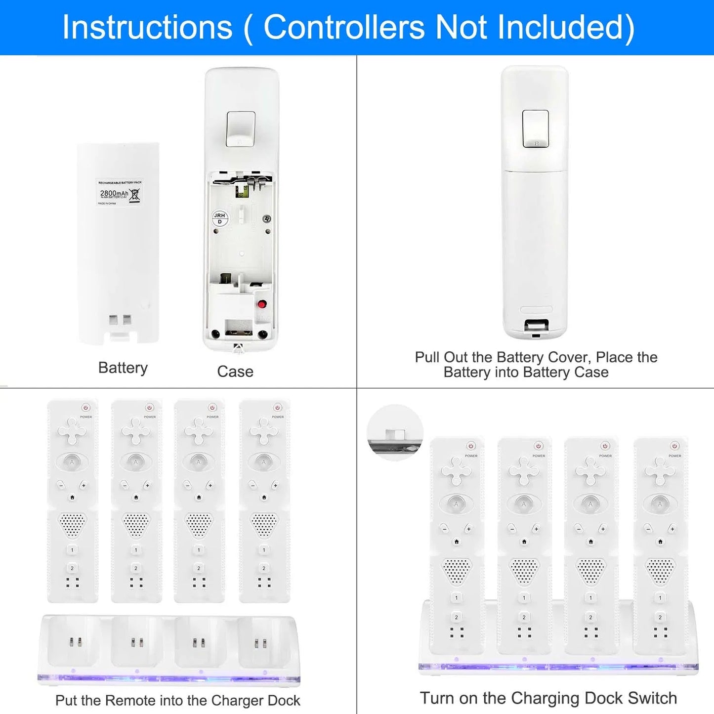 4 Remotes Charging Dock Game Controller Charger 2800mAh Rechargeable Battery Charging Stations W LED Indicator For Wii Nintendo
